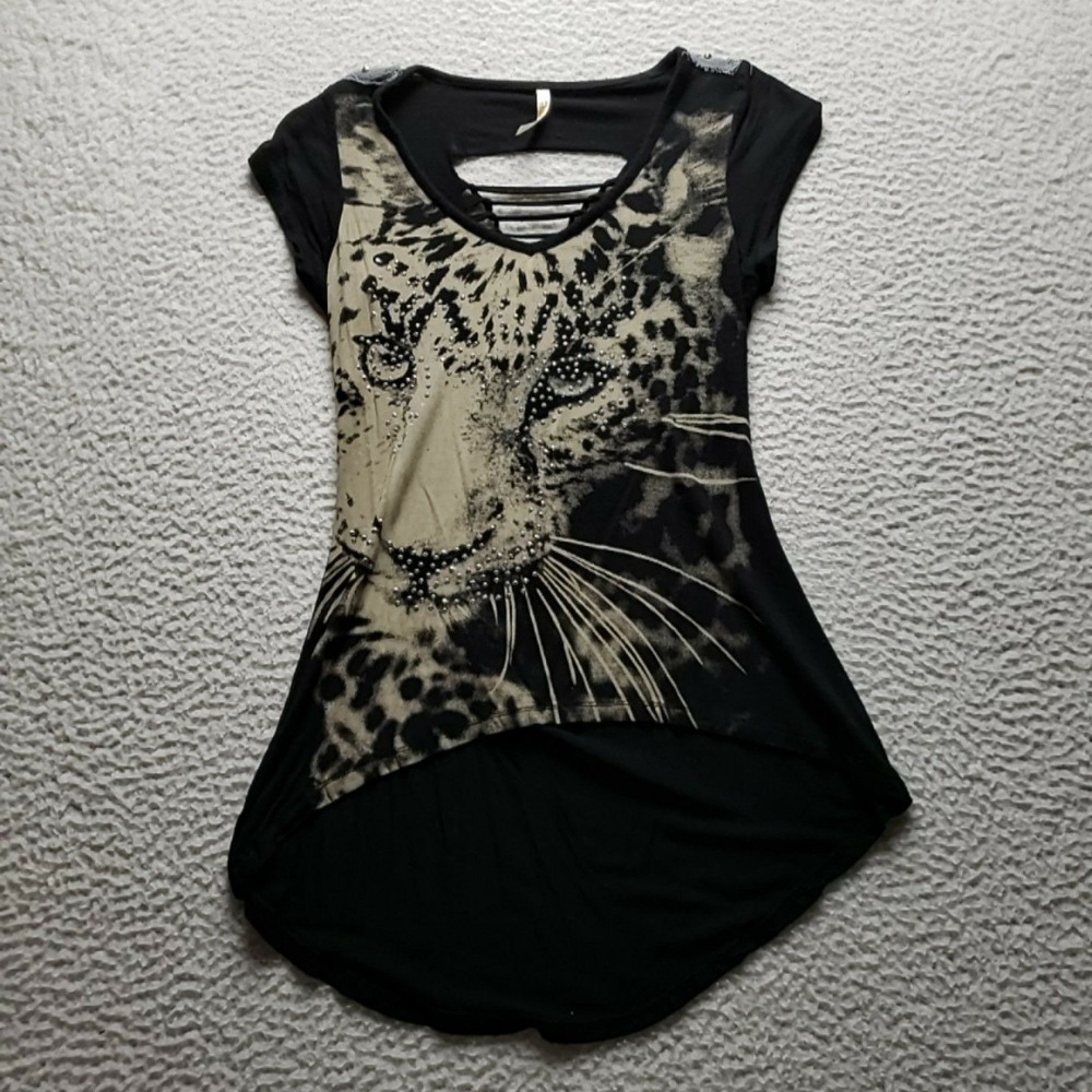 Occasion Shirt Teens S Black V Neck Short Sleeve Leopard Graphic Tunic Top